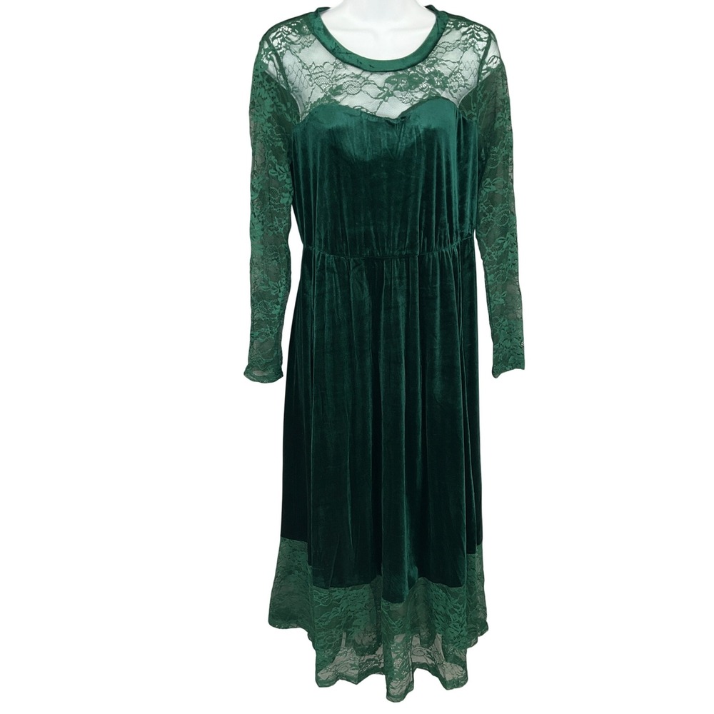 Bloomchic Dress Womens Sz 10 Green Velvet Lace‎ Forest Fairy Whimsigoth Grunge